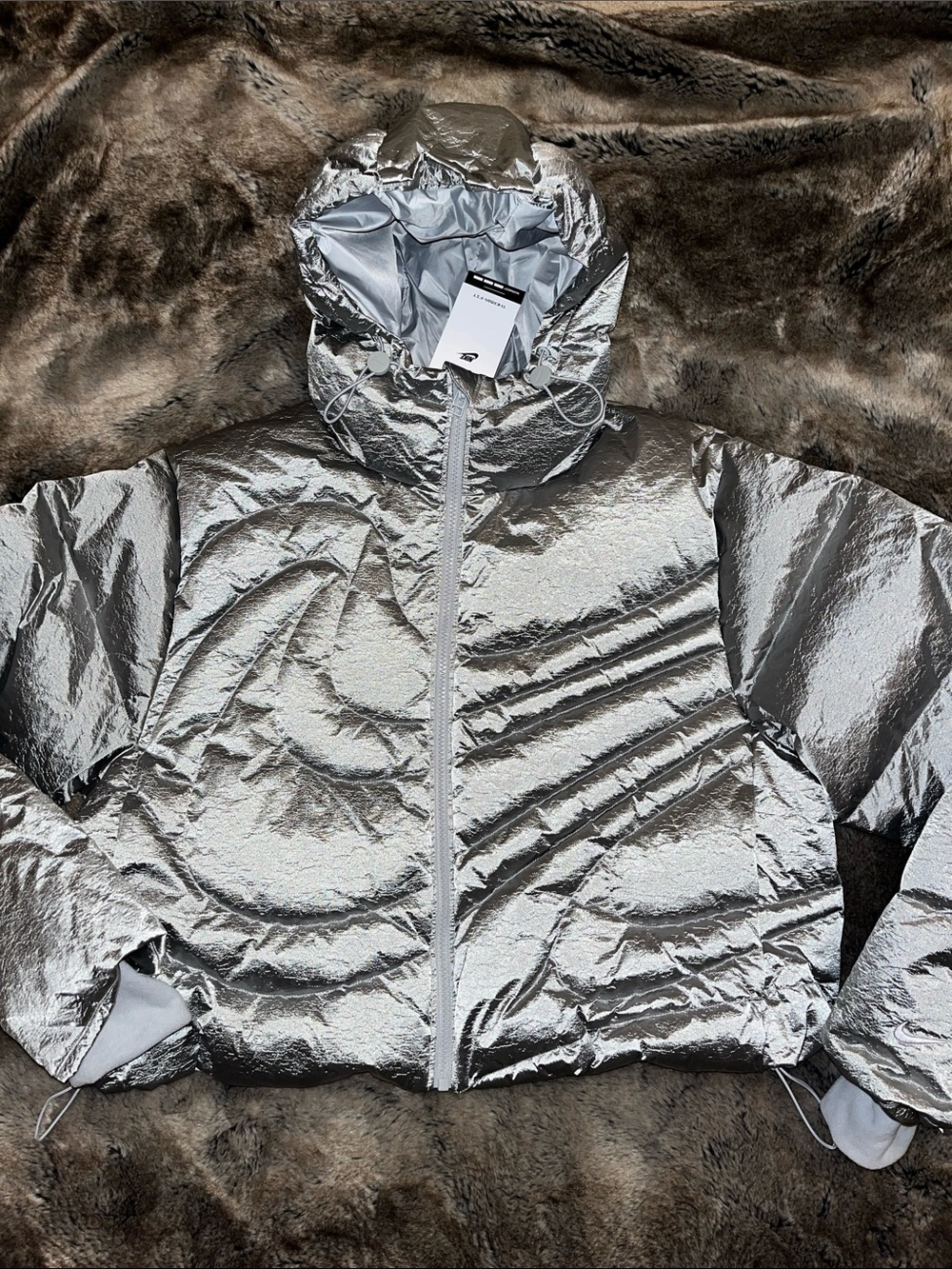 Nike Puffer Jacket Womens M Warmest Therma-Fit Down Silver full zip hood $275